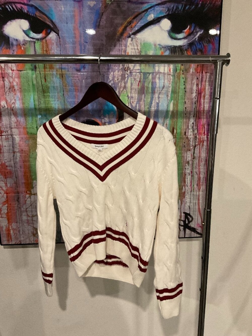 Sporty & Rich SRC Cableknit V Neck Sweater Cream Red Stripe NWT XS